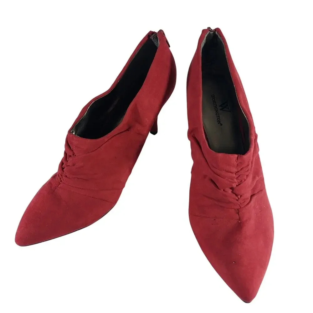 WORTHINGTON! ROUGE RED VEGAN SUEDE SCRUNCHY BACK HEEL ZIPPER BOOTIES! SZ 8.5M